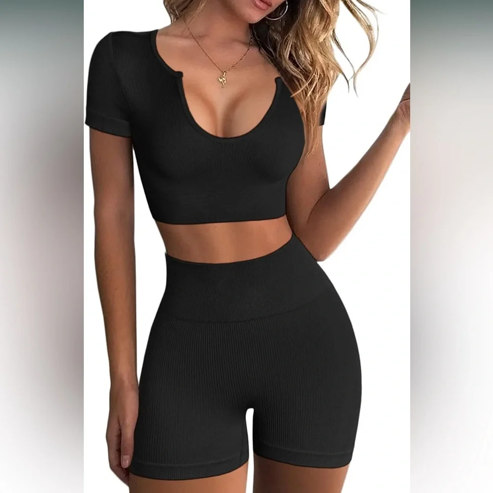 Black Workout Set cropped ribbed top with biker shorts set size L - Picture 1 of 4